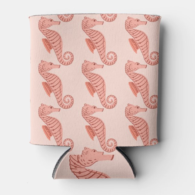 Seahorse doodle ornament: pink background. can cooler (Front)