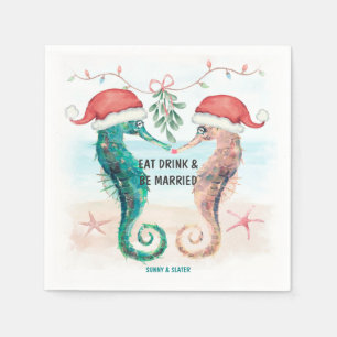 Seahorse Eat Drink Be Married Coastal Christmas Napkin