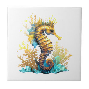 Seahorse fantasy blue gold under the sea ceramic tile