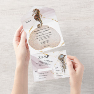 Seahorse glitter abstract coastal beach gold pink  all in one invitation