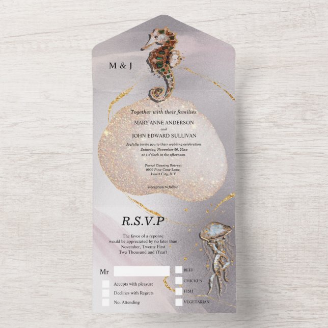 Seahorse glitter jelly fish abstract beach wedding all in one invitation (Inside)