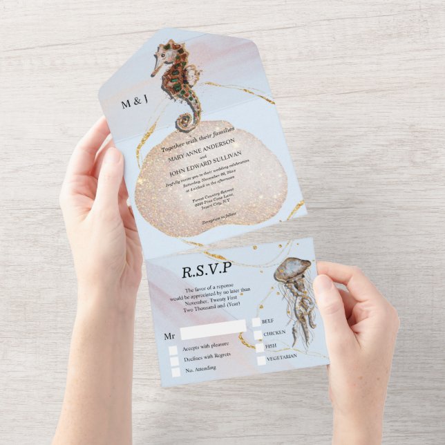 Seahorse glitter jelly fish blue gold beach   all  in one invitation (Tearaway)