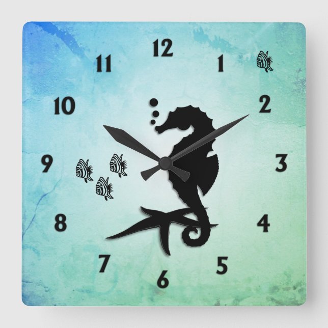 Seahorse Into the Green Chiffon Square Wall Clock (Front)