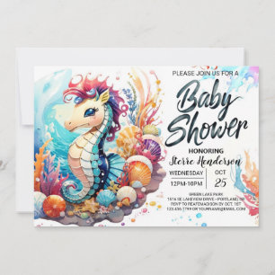 Seahorse Kisses Watercolor Baby Shower Invitation