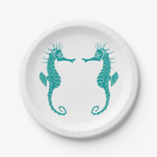 Seahorse Love Teal Turquoise - Beach Wedding Paper Plate