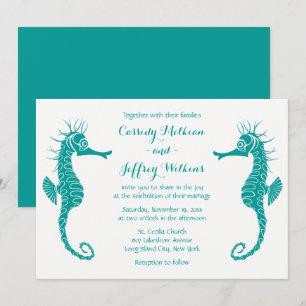 Seahorse Love Teal Turquoise Green Beach Wedding Invitation