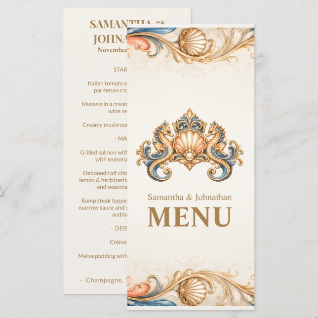 Seahorse luxury beach menu vintage crest (Front/Back)