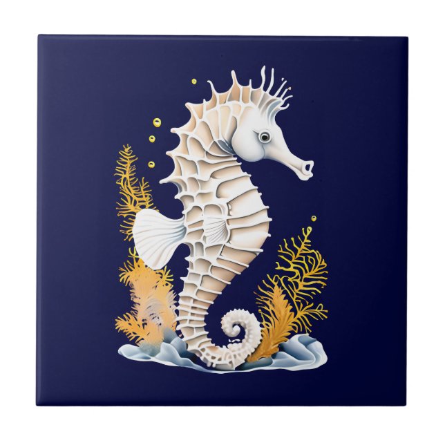 Seahorse marine fish 3D blue orange beach theme Ceramic Tile (Front)