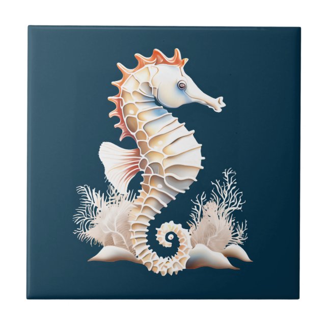 Seahorse marine fish 3D blue orange beach theme Ceramic Tile (Front)