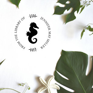 Seahorse Marine Modern Elegant Library Book Rubber Stamp
