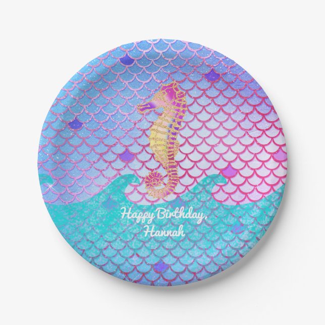 Seahorse Mermaid Birthday Party Personalised Paper Plate (Front)