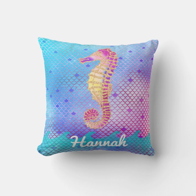 Seahorse Mermaid Scales Pink Blue Ocean Name Cushion (Front)