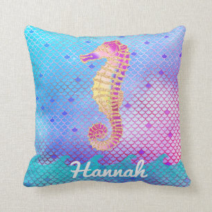 Seahorse Mermaid Scales Pink Blue Ocean Name Cushion