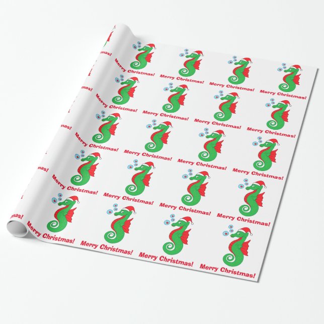 Seahorse Merry Christmas with Santa Hat Wrapping Paper (Unrolled)