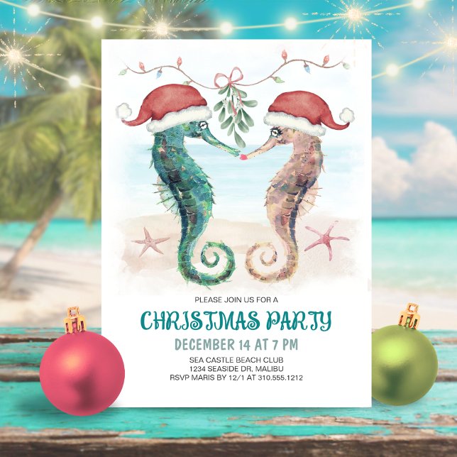 Seahorse Mistletoe Kiss Coastal Christmas Party Invitation (Creator Uploaded)