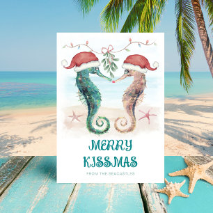 Seahorse Mistletoe Merry Kissmas Coastal Christmas Holiday Card