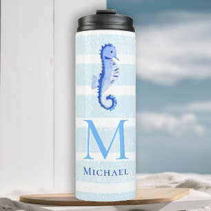 Seahorse Monogram Beach Nautical Stripe Watercolor Thermal Tumbler