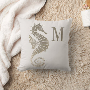 Seahorse Monogram Gold Cream Ocean Nautical Cushion