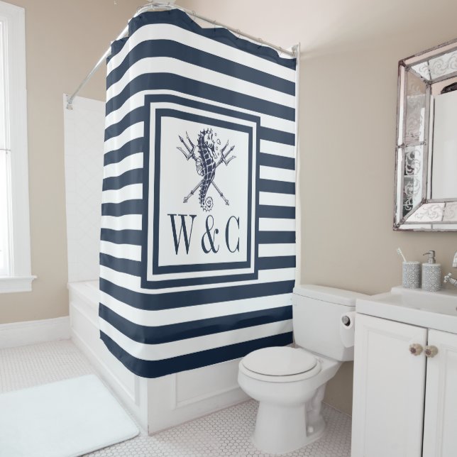 Seahorse Monogram Navy Blue Striped Nautical Shower Curtain (In Situ)