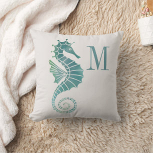 Seahorse Monogram Teal Cream Ocean Monogram Cushion