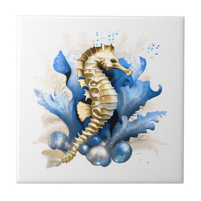 Seahorse nautical ocean fish blue gold fantasy  ceramic tile (Front)