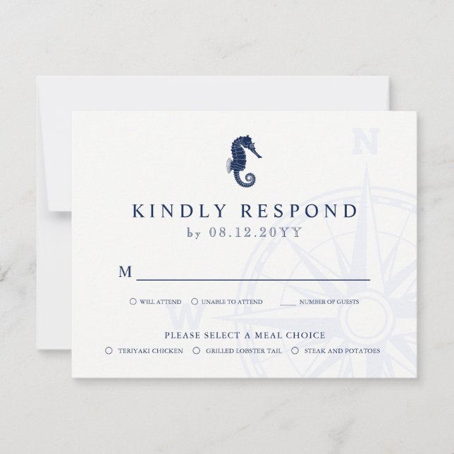 Seahorse | Nautical Themed Wedding RSVP Meals Card (Front)