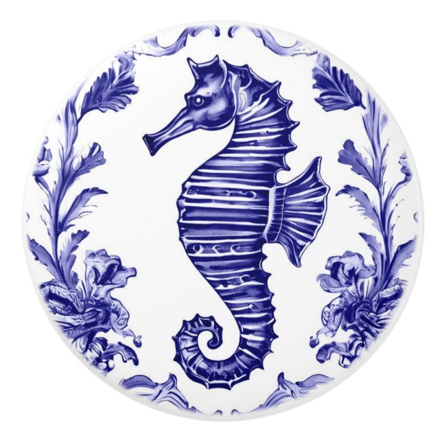 Seahorse Navy Blue and White Sea Ocean Beach House Ceramic Knob (Front)