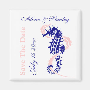 Seahorse navy blue, pink wedding Save the Date Magnet