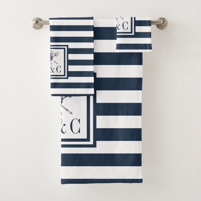 Seahorse Navy Blue Stripe Nautical Monogram Bath Towel Set (Insitu)