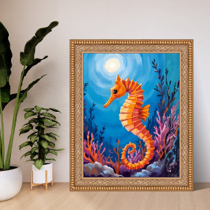 Seahorse   Ocean Animal Coral Reef Watercolor Poster