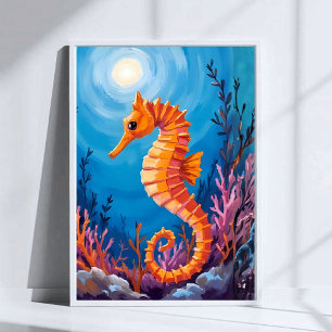 Seahorse   Ocean Animal Coral Reef Watercolor Poster