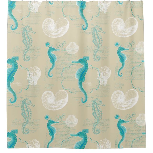 Seahorse Ocean Shells Sea Life Beach Home Decor Shower Curtain (Front)