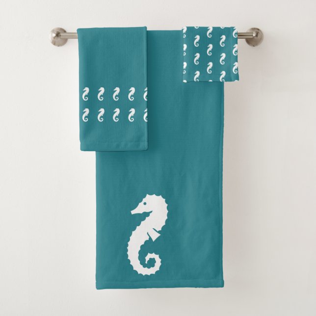 Seahorse Ocean Teal blue and white Bath Towel Set (Insitu)