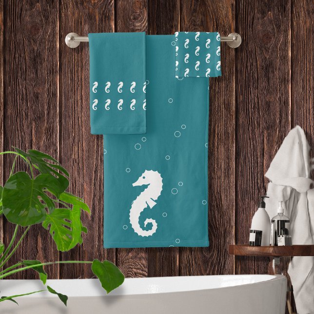 Seahorse Ocean Teal blue and white Bath Towel Set (Creator Uploaded)