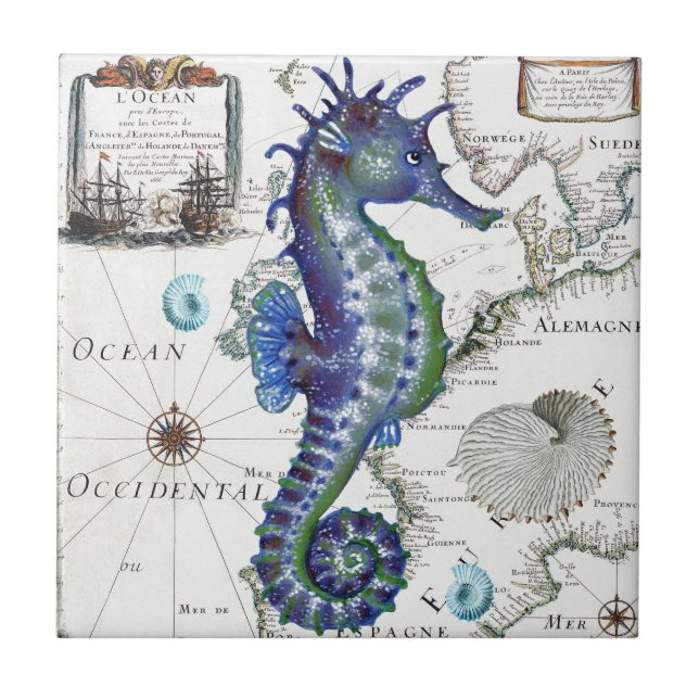 Seahorse Old Map Ceramic Tile (Front)