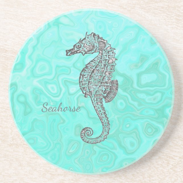 Seahorse on Aqua Splash Turquoise Marble Pattern Coaster (Front)