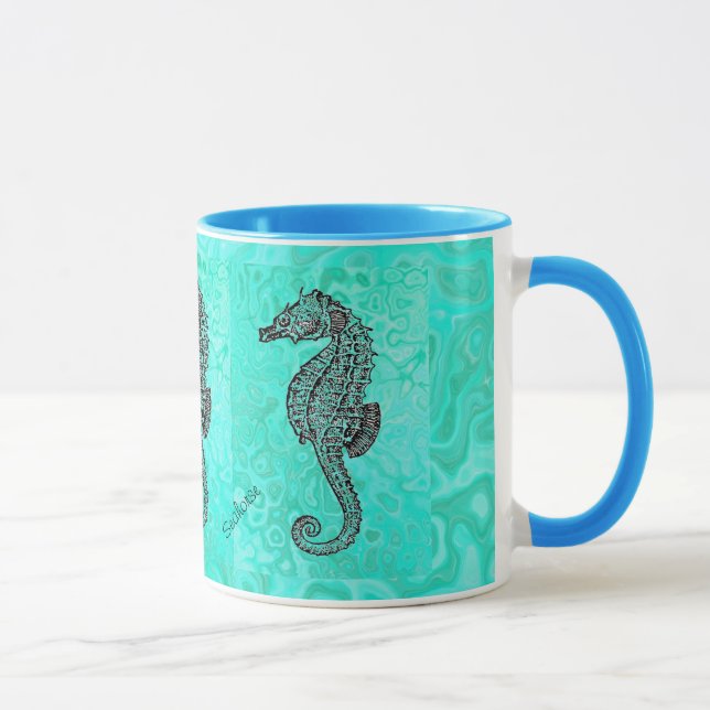 Seahorse on Aqua Splash Turquoise Marble Pattern Mug (Right)