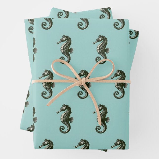 Seahorse on Blue Wrapping Paper Sheet (In situ)