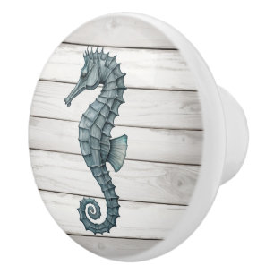 Seahorse on White Distressed Faux Wood Drawer knob