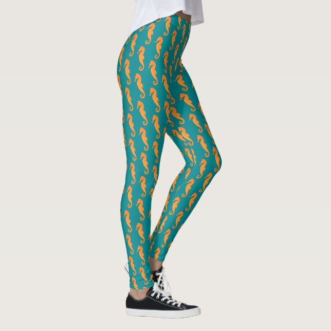 Seahorse orange silhouette Simple pattern Nautical Leggings (Right)