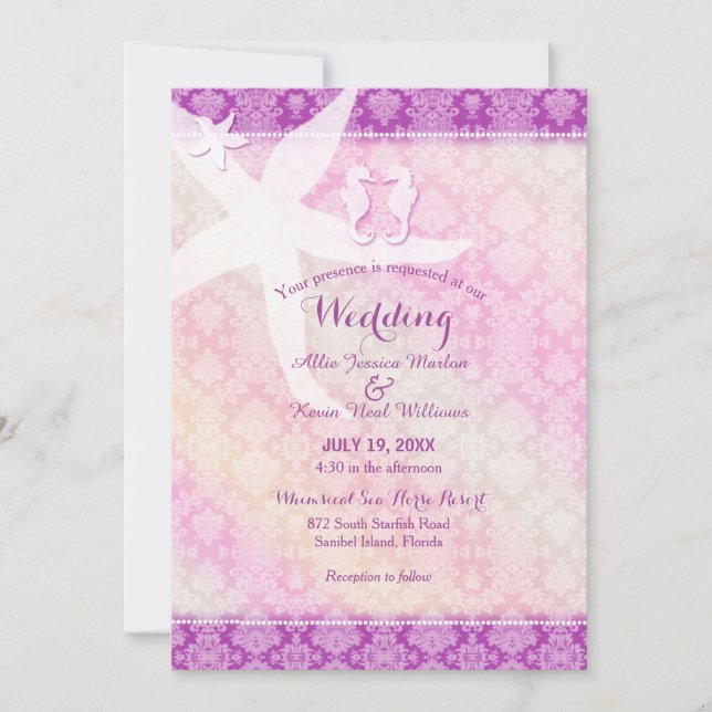 Seahorse Pair Purple Tropical Beach Wedding Invitation (Front)