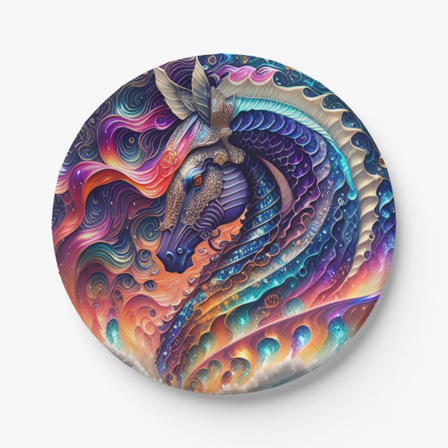Seahorse Party Plate, Birthday, Girls Party Paper Plate (Front)