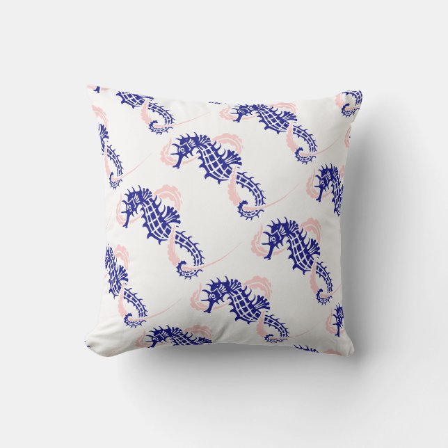 Seahorse pattern navy blue, pink summer reversible cushion (Front)