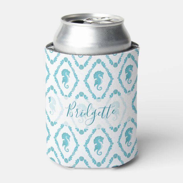 Seahorse Pattern Personalised Blue and White Can Cooler (Can Front)