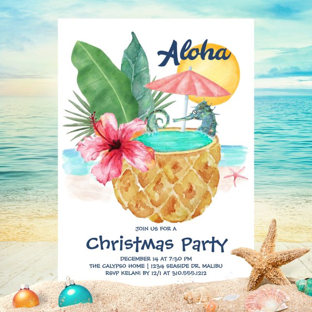Seahorse Pineapple Pool Tropical Christmas Party Invitation (Creator Uploaded)