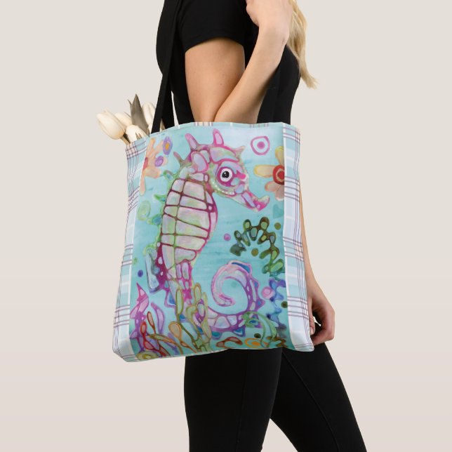 Seahorse & Plaid Tote Bag (Close Up)