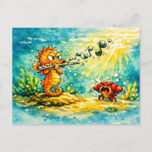 Seahorse playing flute cartoon postcard