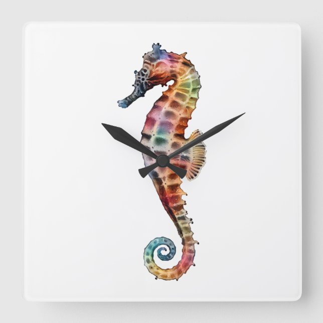 Seahorse Rainbow Square Wall Clock (Front)