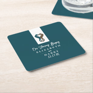 Seahorse Romance, Beach Wedding Square Paper Coaster