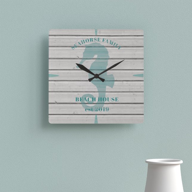 Seahorse Rustic Family Beach House Clock (A rustic seahorse clock with space for your family name, beach house and year established)